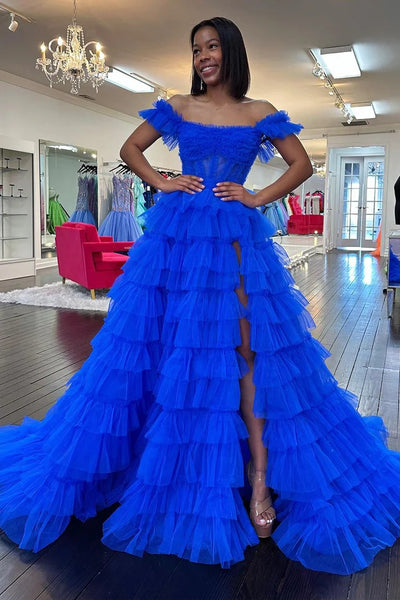 Royal Blue Off the Shoulder Ruffle Tiered Tulle Long Prom Dresses with Slit VK24013103