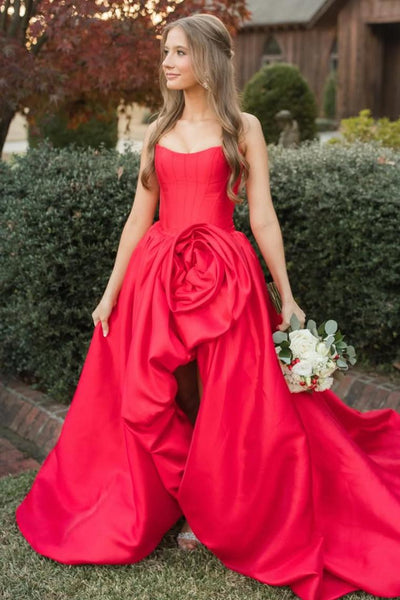 Red Strapless Ruched Floral Satin Long Prom Dresses VK26011505