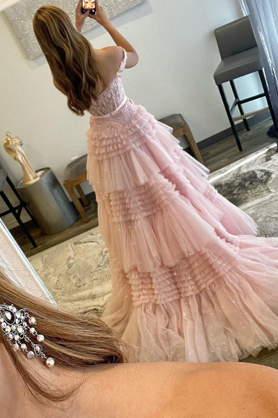 Princess A-Line Off the Shoulder Light Pink Tiered Ruffled Tulle Long Prom Dresses VK23103103