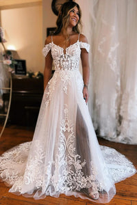 Gorgeous A-Line Cold Sleeves Tulle Lace Beach Wedding Dresses VK23082711