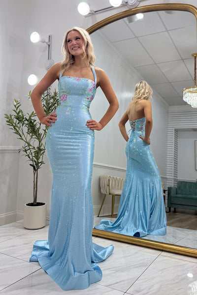 Mermaid Halter Blue Beads Long Prom Dresses VKPD008