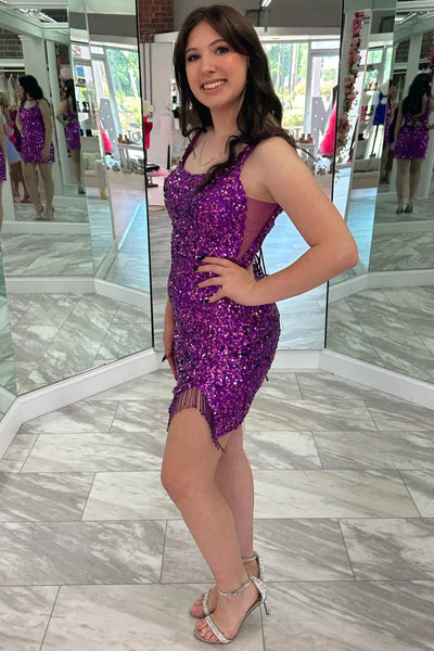 Square Neck Grape Sequin Fringe Short Homecoming Dress VK23072907