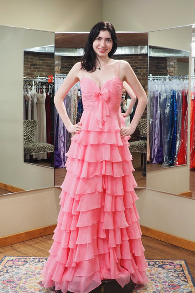 Cute A Line Sweetheart Pink Chiffon Tiered Long Prom Dress VK26010107