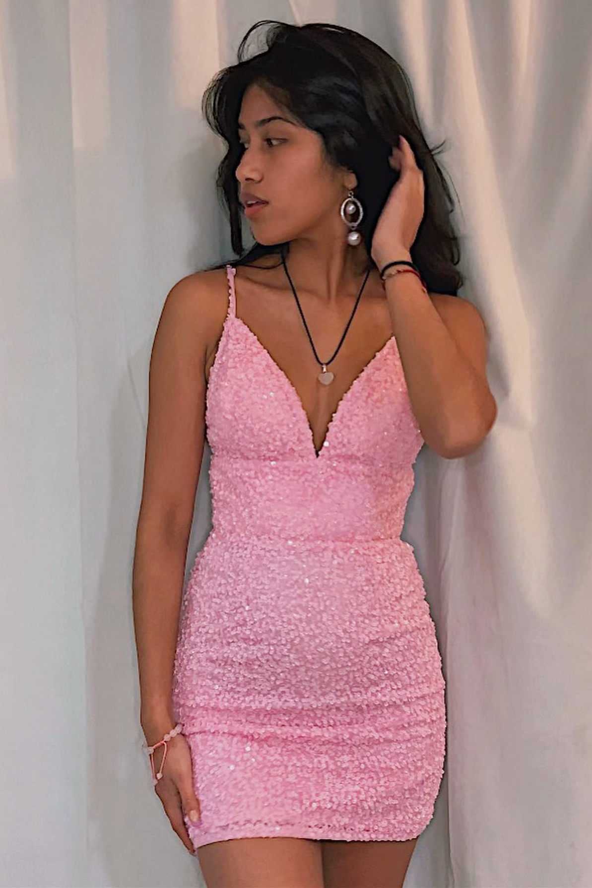Cute Bodycon V Neck Pink Sequin Short homecoming Dresses VK23052306