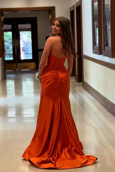 Cute Mermaid Sweetheart Keyhole Orange Satin Prom Gown with Slit VK25052408