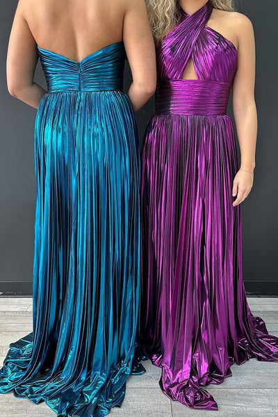 Purple Halter Pleated Satin A-Line Prom Dress with Slit VK24030504