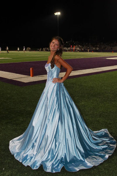 Gorgeous A Line Scoop Neck Light Blue Satin Long Prom Dress with Rhinestones VK25100705