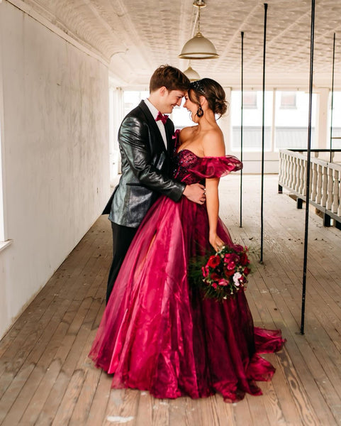 Cute Ball Gown Off the Shoulder Burgundy Organza Long Prom Dresses with Beading VK23050506