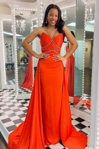 Orange Halter Beaded Long Prom Dresses with Train VK24032005