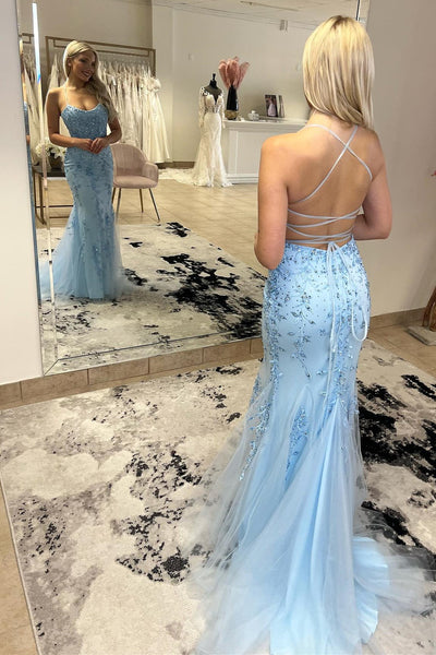 Light Blue Floral Appliques Scoop Neck Lace-Up Trumpet Long Dress VK23092408