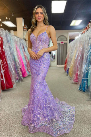 Lilac V Neck Sequins Mermaid Long Prom Dresses VK24032701