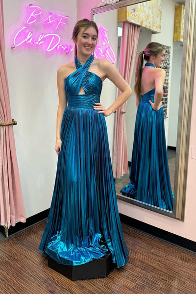 Blue Halter Keyhole Pleated Satin A-Line Prom Dress VK24030301
