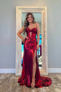 Mermaid Strapless Keyhole Burgund Satin Long Prom Dress with Slit VK25030704