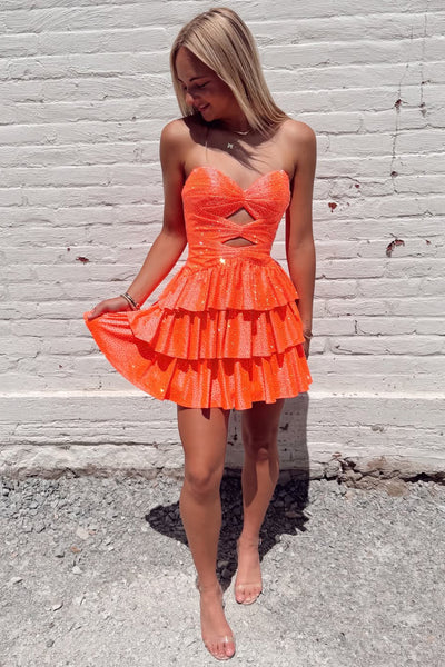 Charming A-Line Sweetheart Orange Beaded Short Homecoming Dress with Ruffle Tiered VK25092401