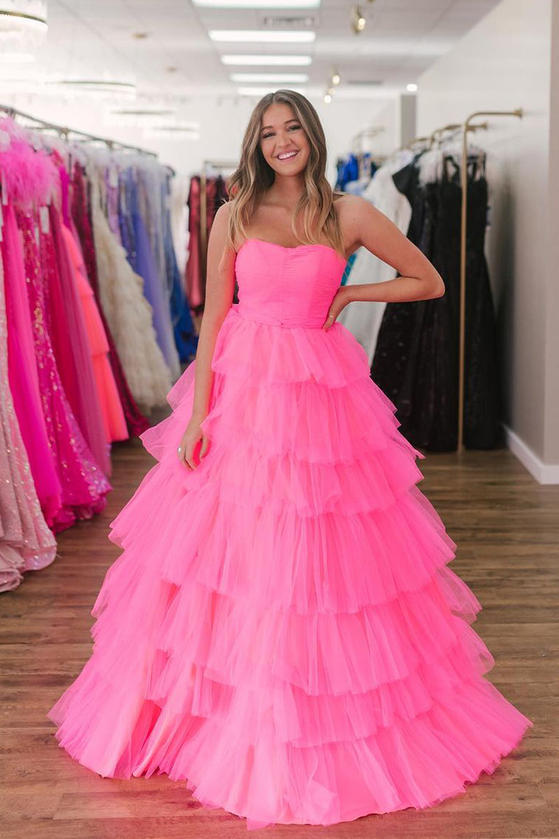 Pink Sweetheart Ruffle Tiered Long Prom Dresses VK24011505