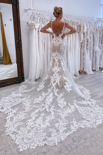 Mermaid V Neck Tulle Lace Wedding Dresses with Train VK23121307
