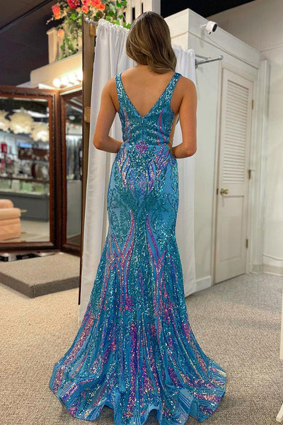 Blue V Neck Sequin Lace Mermaid Long Prom Dresses VK24011805