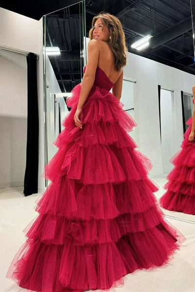 Cute Ball Gown Strapless Red Tiered Tulle Long Prom Dresses VK24111502