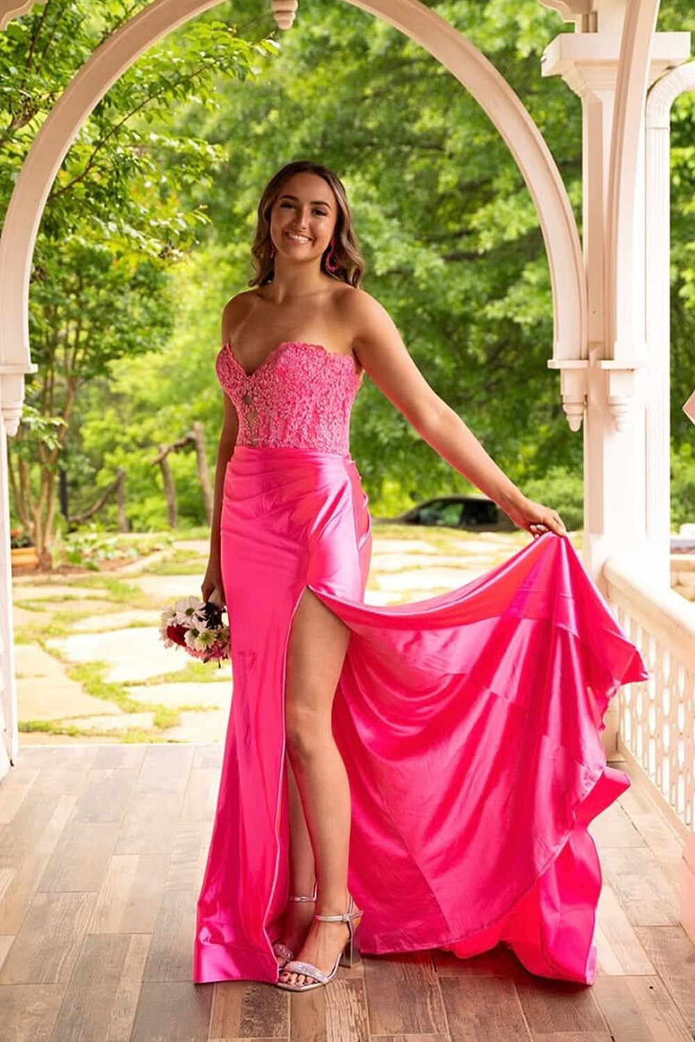 Charming Mermaid Sweetheart Pink Satin Prom Dress with Slit VK25060505