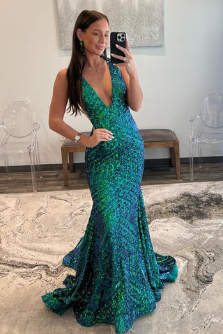 Mermaid Deep V Neck Dark Green Sequins Long Prom Dresses VK23112603
