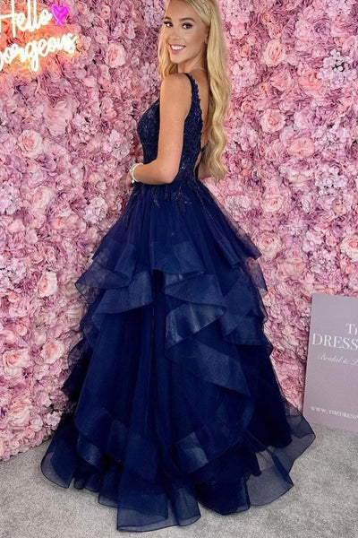 Navy Blue V Neck Ruffle Tiered Tulle Long Prom Dresses with Appliques VK24021101