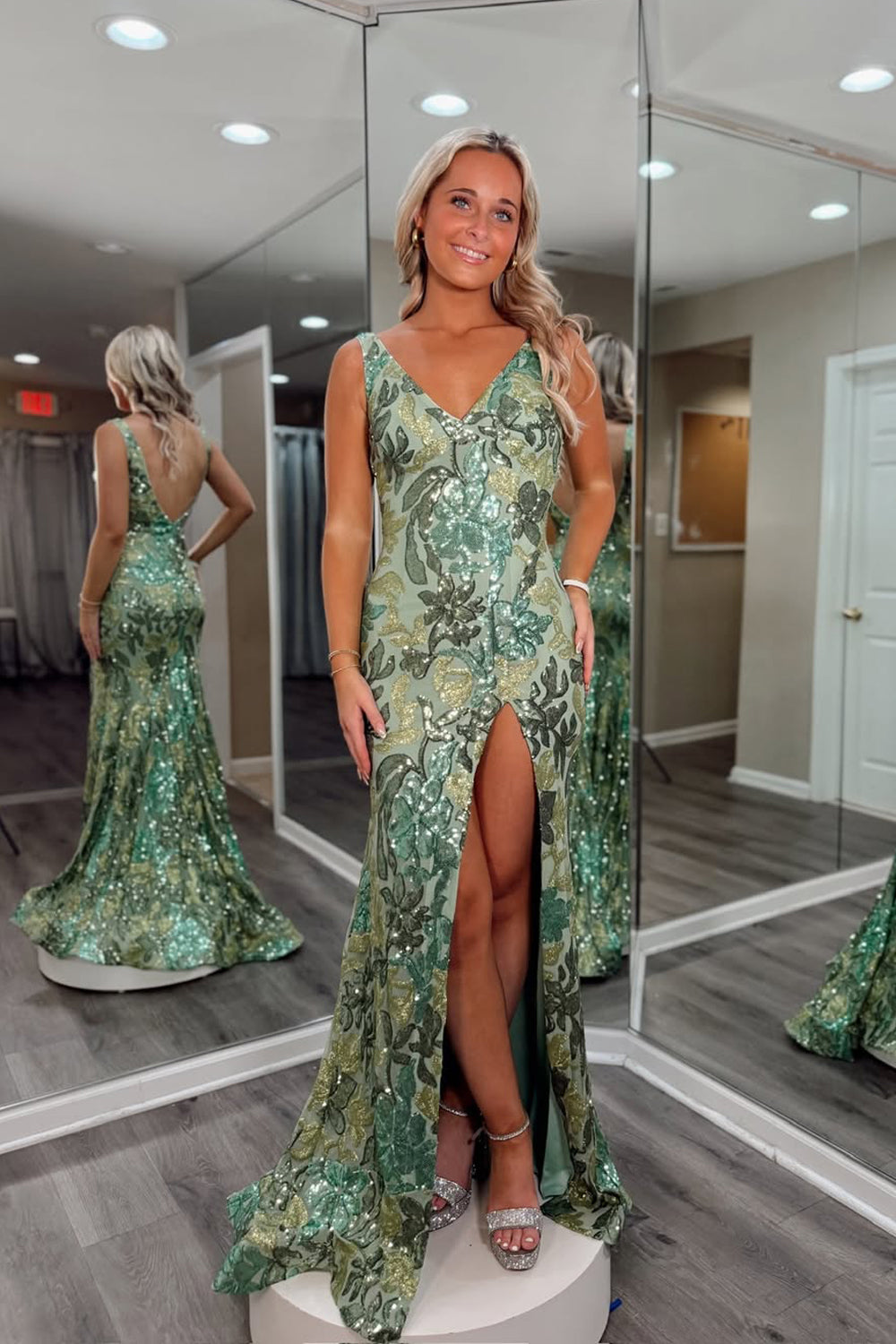 Mermaid V Neck Sage Green Sequins Lace Long Prom Dress with Slit VK25112506