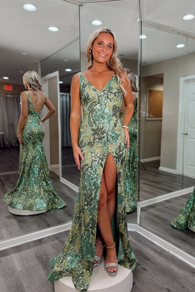 Mermaid V Neck Sage Green Sequins Lace Long Prom Dress with Slit VK25112506