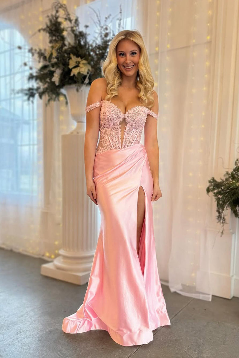 Charming Mermaid Off the Shoulder Blush Satin Prom Dress with Appliques VK25010304