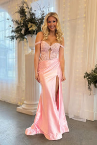 Charming Mermaid Off the Shoulder Blush Satin Prom Dress with Appliques VK25010304