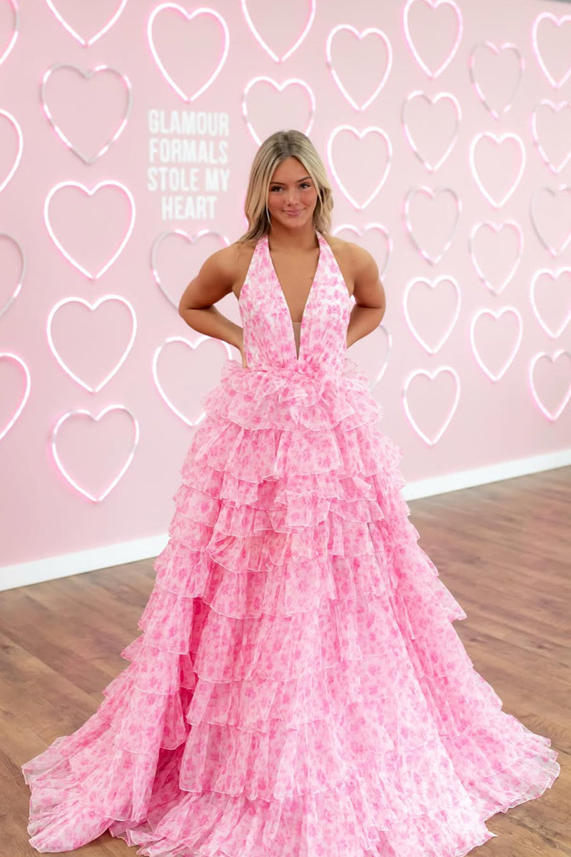 Fairy A Line V Neck Pink Floral Tulle Tiered Prom Dress VK25010705