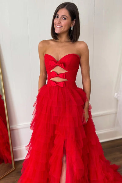 Red Strapless Ruffle Tiered Prom Gown with Keyholes VK24011102
