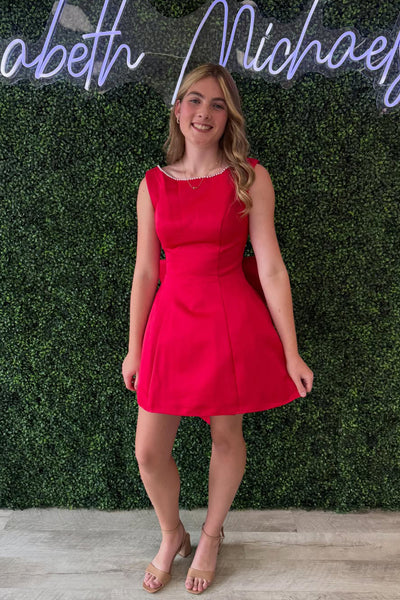 Cute A Line Round Neck Red Satin Short Homecoming Dress with Bow VK26062101