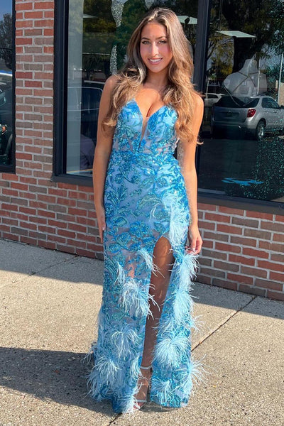 Cute Sheath V Neck Blue Sequin Lace Mermaid Long Prom Dresses with Feather VK24021401