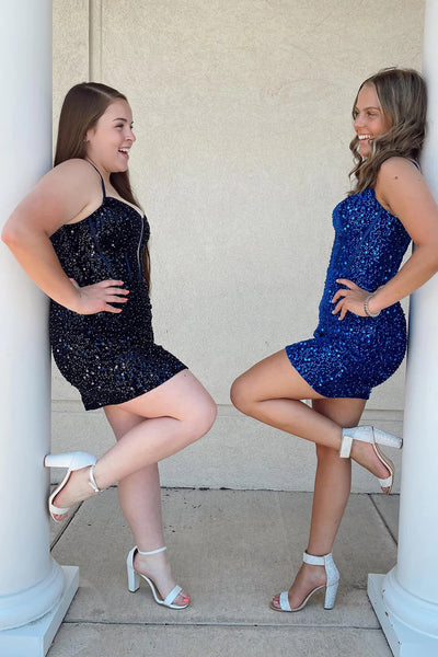 Glitter Royal Blue Corset Tight Short Sequins Homecoming Dress VK23090501