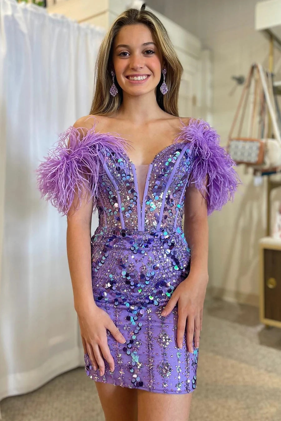 Lavender Sequin Beading Short Homecoming Dress with Feathers VK23063005