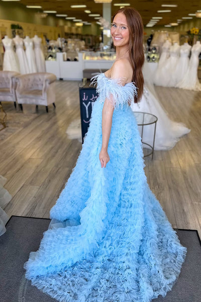A-Line Off the Shoulder Light Blue Tulle Long Prom Dresses with Slit VK25031107