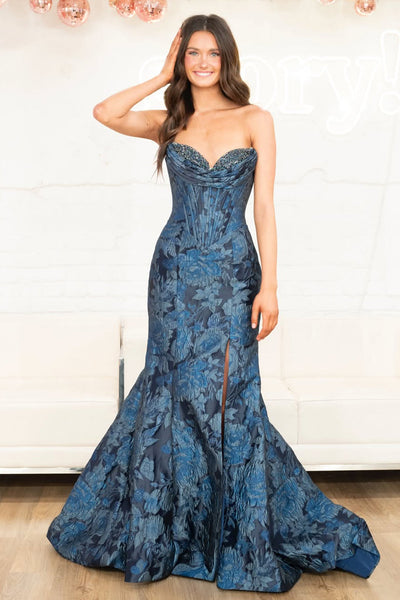 Fashion Mermaid Sweetheart Floral Jacquard Satin Prom Dress with Slit VK16020606