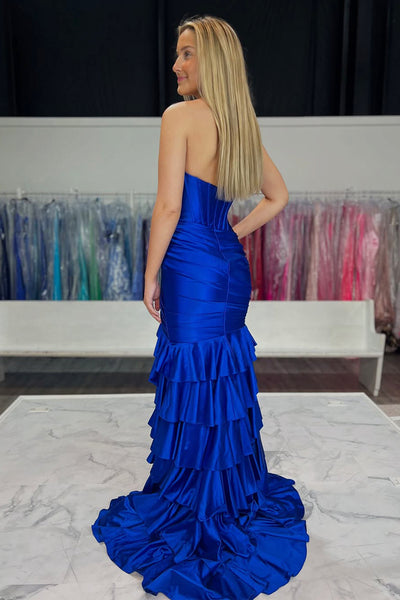 Cute Mermaid Sweetheart Royal Blue Tiered Prom Dress with Slit VK020104