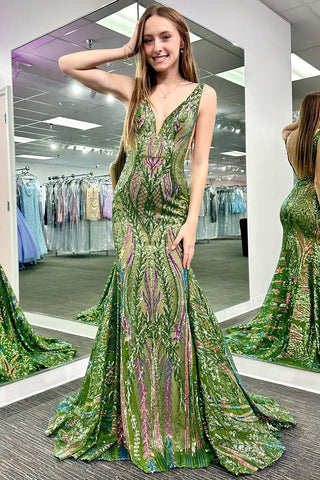 Green V Neck Sequin Lace Mermaid Long Prom Dresses VK23121705