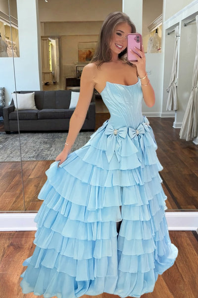 Stunning A-Line Strapless Blue Bow Ruffle Tiered Long Prom Dresses with Slit VK26011309