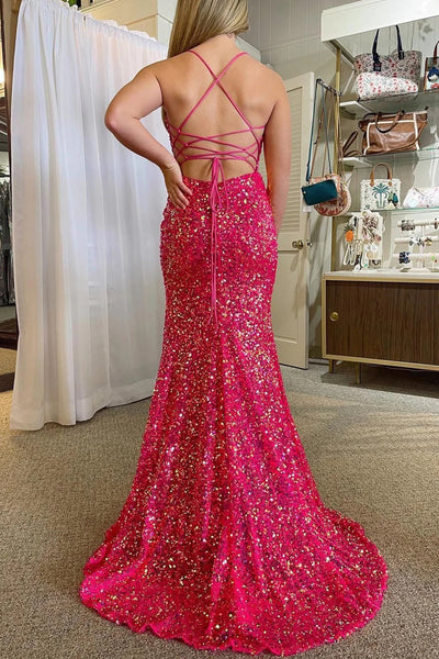 Hot Pink Spaghetti Straps Mermaid Sequined Prom Dress With Slit VK23093004