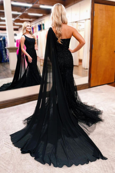 Black One Shoulder Appliques Mermaid Long Prom Dresses VK24031005
