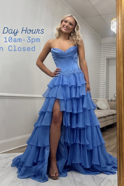 Cute A Line Sweetheart Blue Chiffon Tiered Prom Dress with Appliques VK16012703