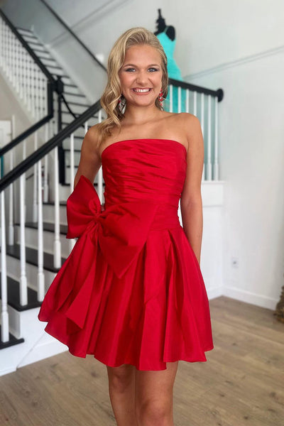 Cute A-Line Strapless Red Satin Short Homecoming Dresses with Bow VK23090703