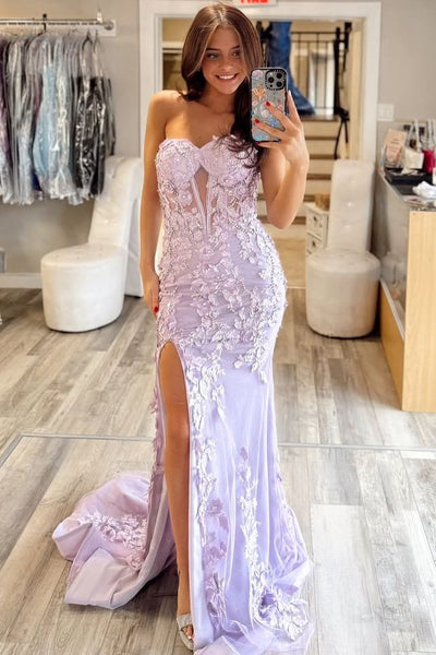 Stunning Mermaid Strapless Sweetheart Lilac Lace Appliques Long Prom Dresses with Slit VK26012402