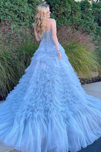 Princess Blue Strapless Tiered Tulle Prom Gown VK23092601