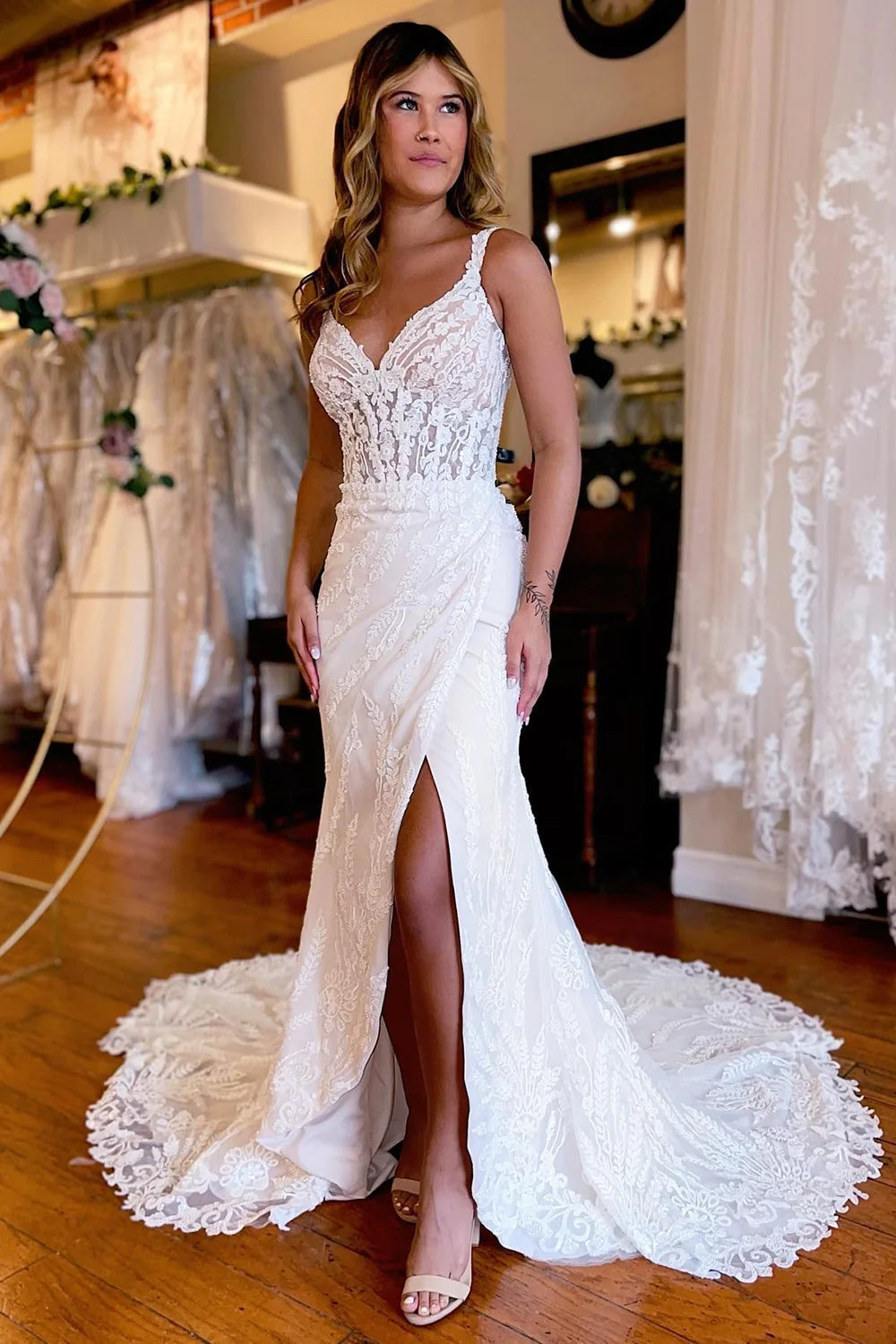 White V-Neck Sheath Long Lace Wedding Dress with Slit VK23101706