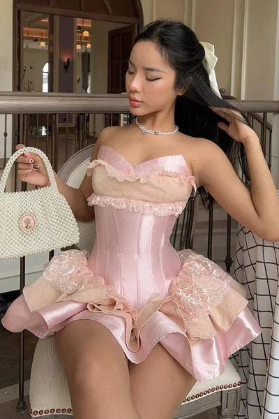 Pink Strapless A-Line Sweetheart Puffy Short Party Homecoming Dress with Lace Appliques VK26070108