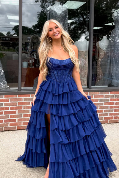 Gorgeous A Line Scoop Neck Royal Blue Tiered Chiffon Prom Dress with Slit VK162005