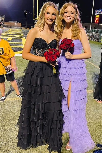 Cute A Line Sweetheart Black Chiffon Tiered Long Prom Dresses VK24100208